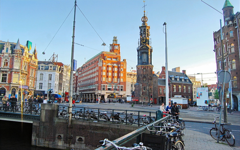22 - The Munttoren (Mint Tower situated on Muntplein square), a prominent historic landmark located in Amsterdam, Netherlands